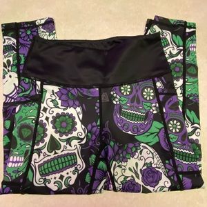Purple and Green Sugar Skull leggings. Capri length.